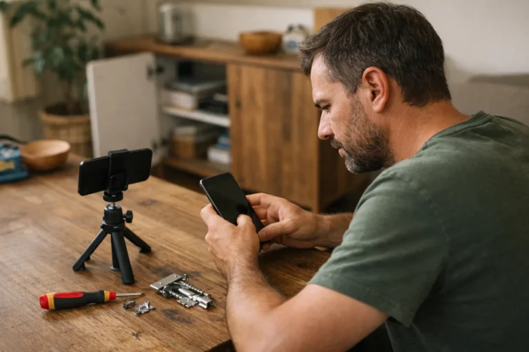 Persoon bekijkt een telefoon na het opnemen van een korte klusvideo voor Facebook Reels.