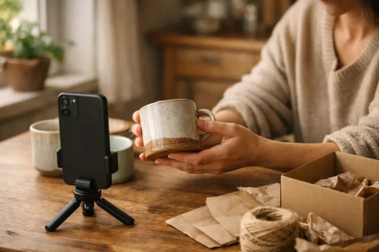 Een persoon filmt een zelfgemaakte keramieken mok met een smartphone voor een Instagram Reel.