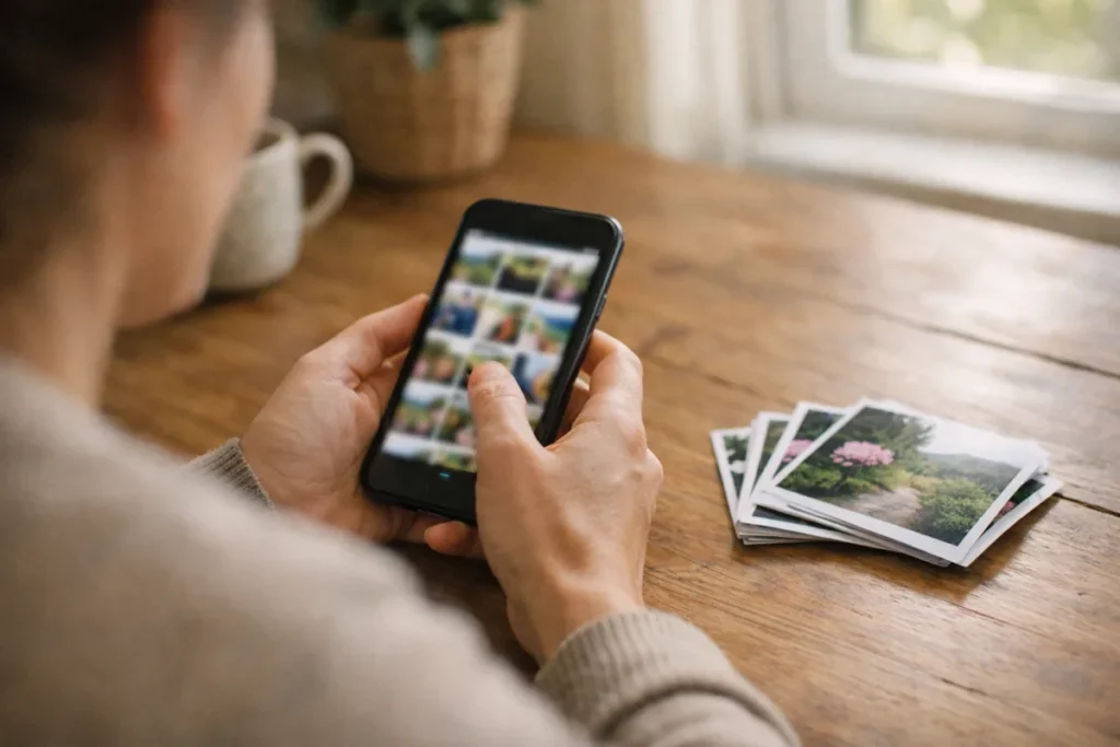 Persoon kiest thuis foto’s op een smartphone, met foto’s van een wandeling op tafel.