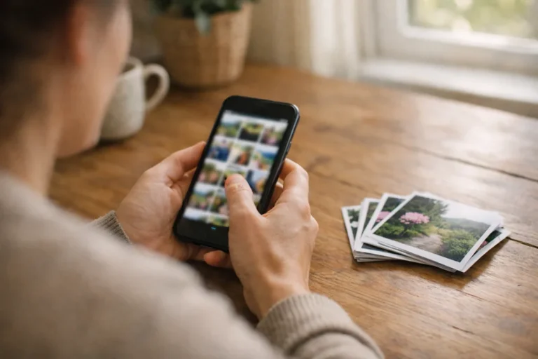 Persoon kiest thuis foto’s op een smartphone, met foto’s van een wandeling op tafel.