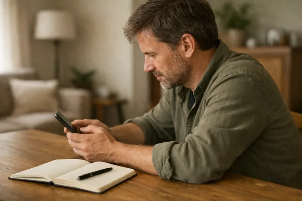 Persoon bekijkt een telefoon met een notitieboek ernaast aan de eettafel.