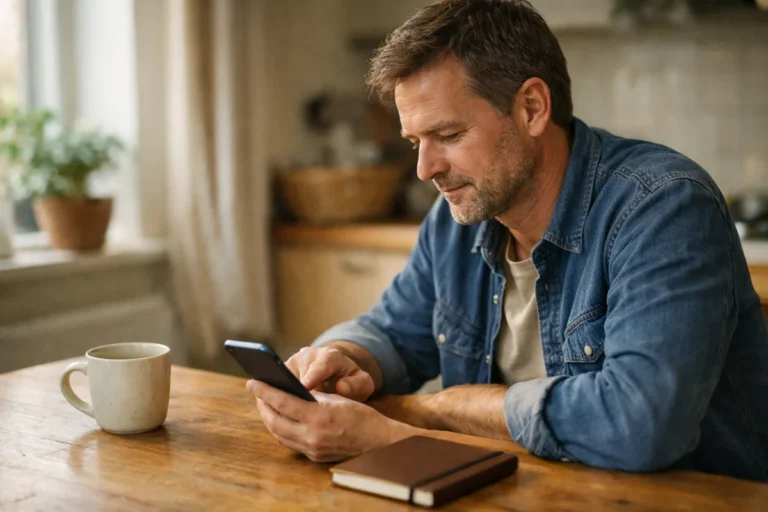 Persoon bekijkt een smartphone aan de keukentafel bij natuurlijk daglicht.