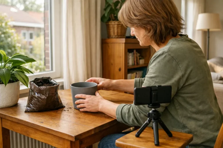 Persoon bereidt aan de keukentafel een Instagram video over het verpotten van een kamerplant voor.