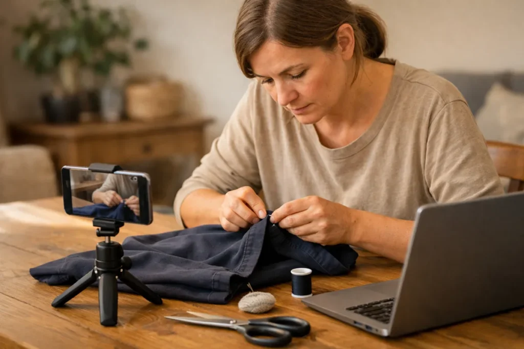 Persoon bereidt thuis een TikTok video over kleding herstellen voor met een telefoon op statief.