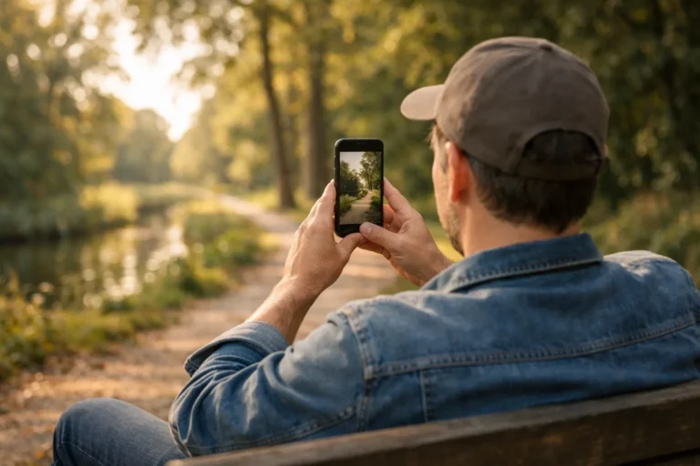 Een persoon maakt met een telefoon een opname in het park voor een TikTok Story.
