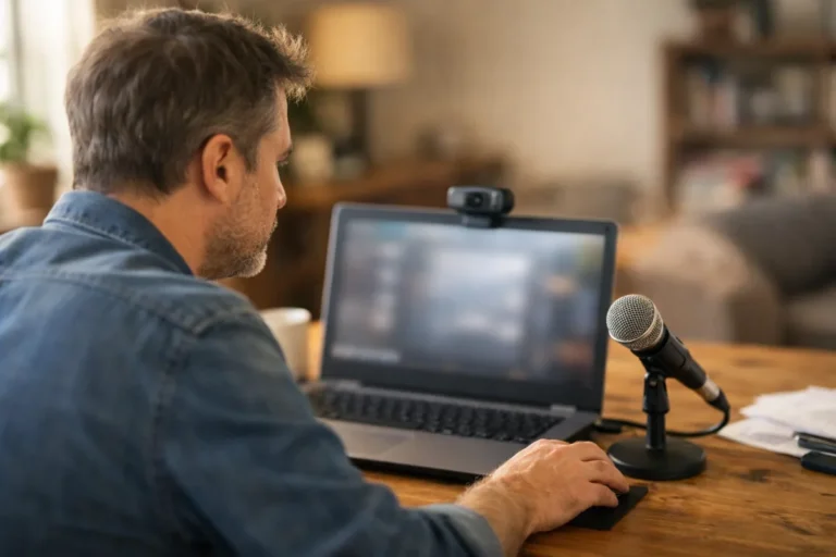 Persoon bereidt thuis een live uitzending voor met een laptop, webcam en microfoon.