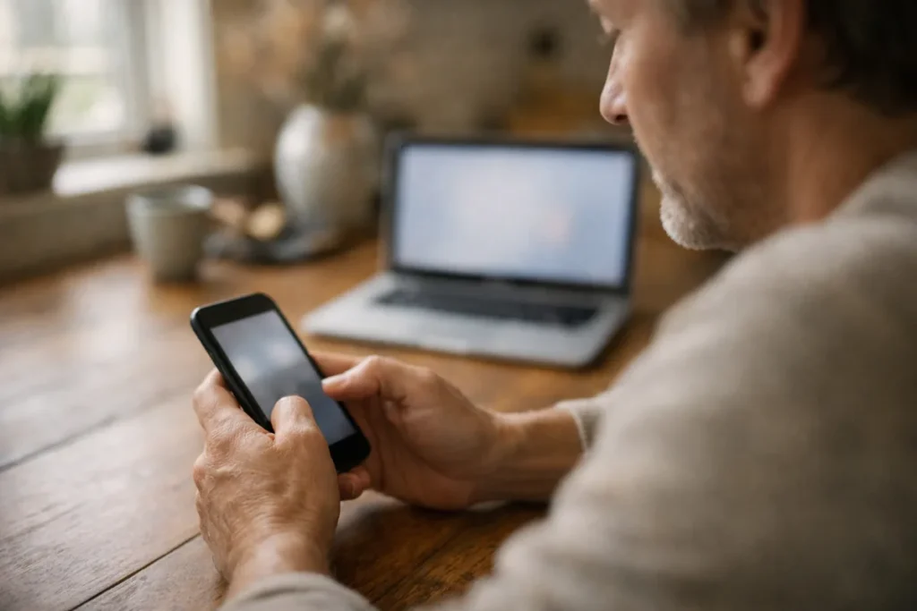 Persoon bekijkt een smartphone aan de keukentafel met een laptop ernaast.