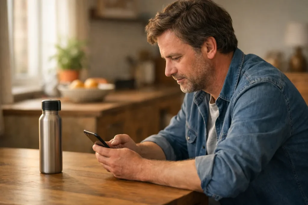 Persoon bekijkt een smartphone aan de keukentafel naast een drinkfles en een verzenddoos.