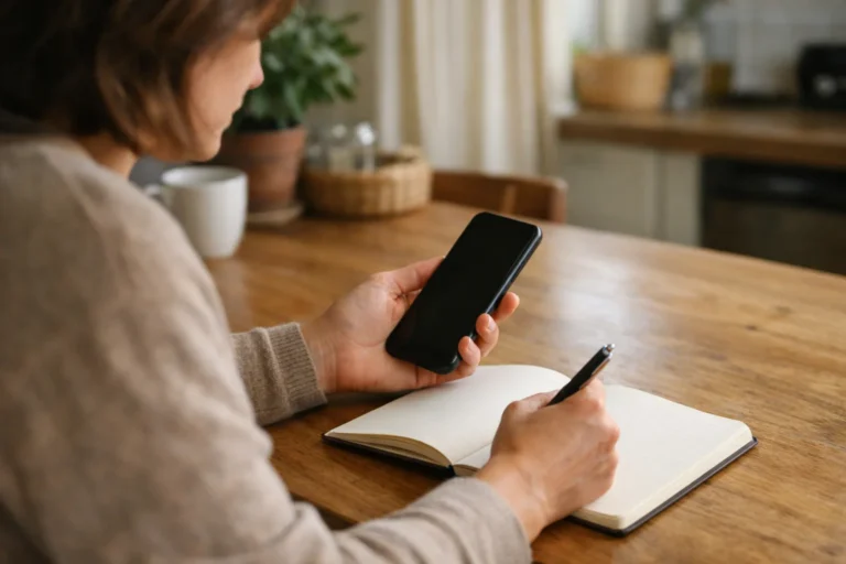 Iemand bekijkt een telefoon aan de keukentafel met een notitieboek ernaast.