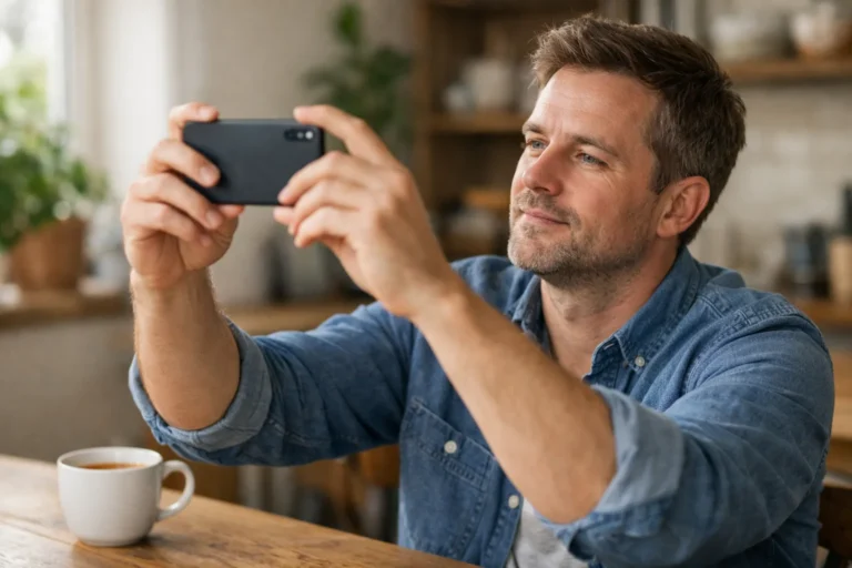 Persoon aan de keukentafel die met een smartphone een selfie maakt voor profielverificatie