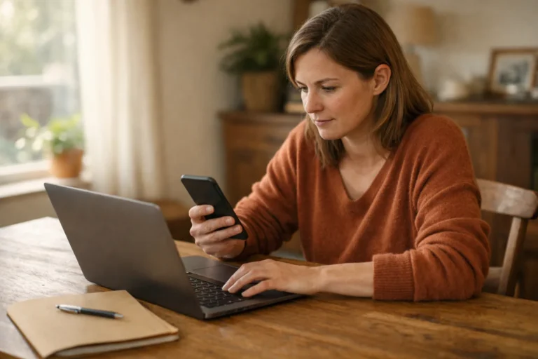 Persoon die thuis met een telefoon en laptop een verificatieaanvraag voorbereidt.