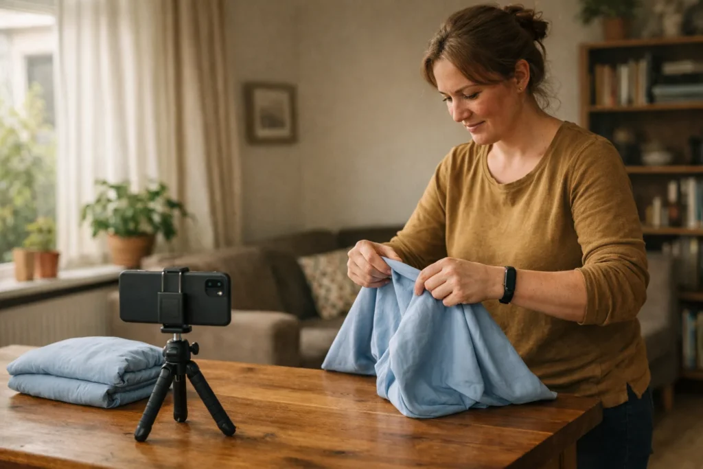 Persoon filmt met een smartphone hoe je de hoeken van een hoeslaken samenbrengt om het op te vouwen.