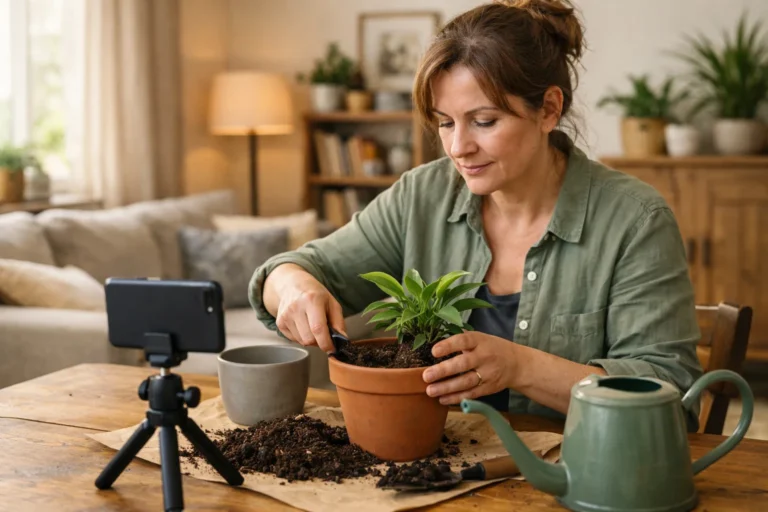 Persoon die een kamerplant verpot voor een smartphone op statief tijdens een live uitzending.