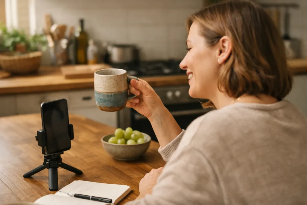 Persoon aan de keukentafel die een zelfgemaakte mok laat zien tijdens een livevideo op een telefoon.