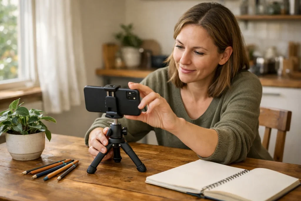 Persoon bereidt een live uitzending voor met een telefoon op statief en tekenspullen op tafel.
