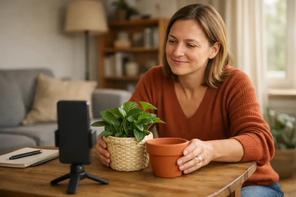 Een persoon zet een plant en telefoon klaar voor een live uitzending op TikTok.