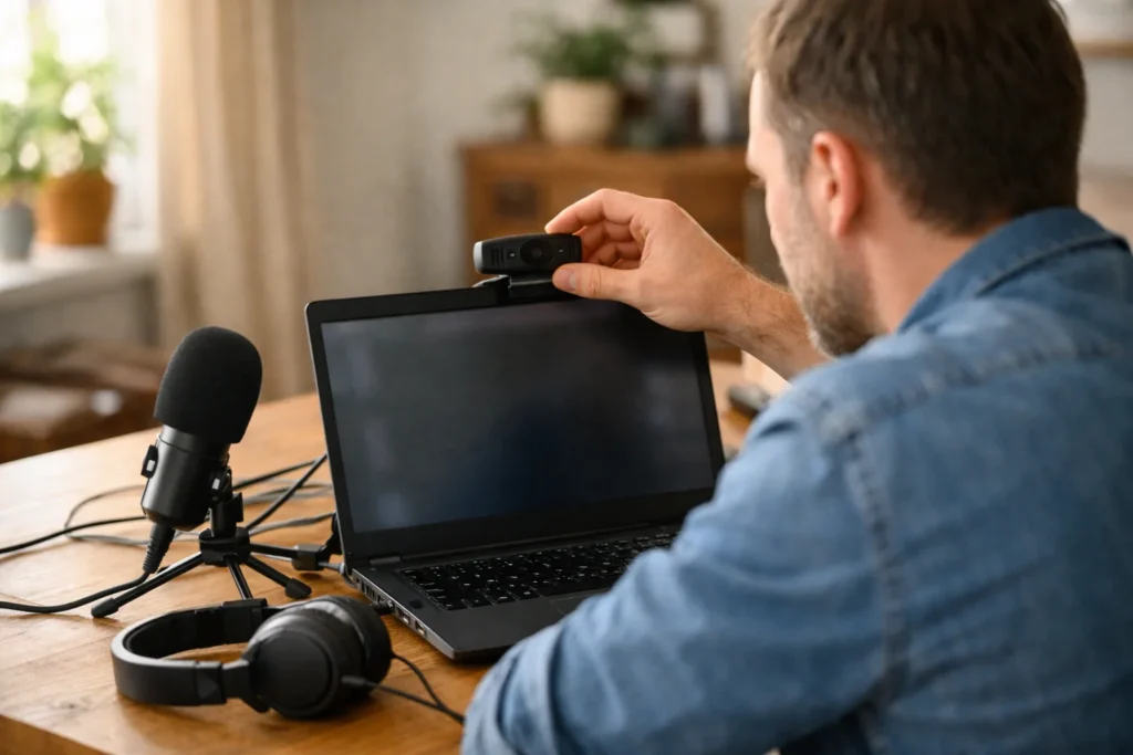 Persoon stelt thuis een webcam in voor een TikTok live uitzending vanaf een laptop.