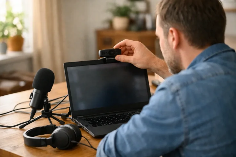 Persoon stelt thuis een webcam in voor een TikTok live uitzending vanaf een laptop.