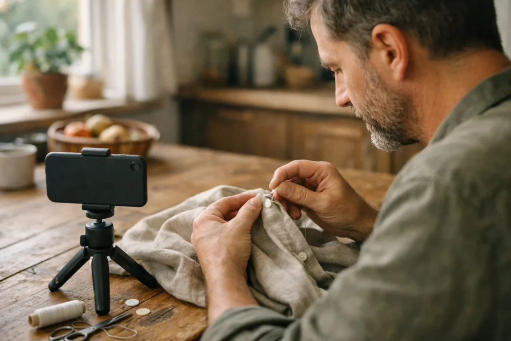 Maker filmt met een smartphone hoe je een knoop aan een overhemd vastnaait voor een Instagram Reel.