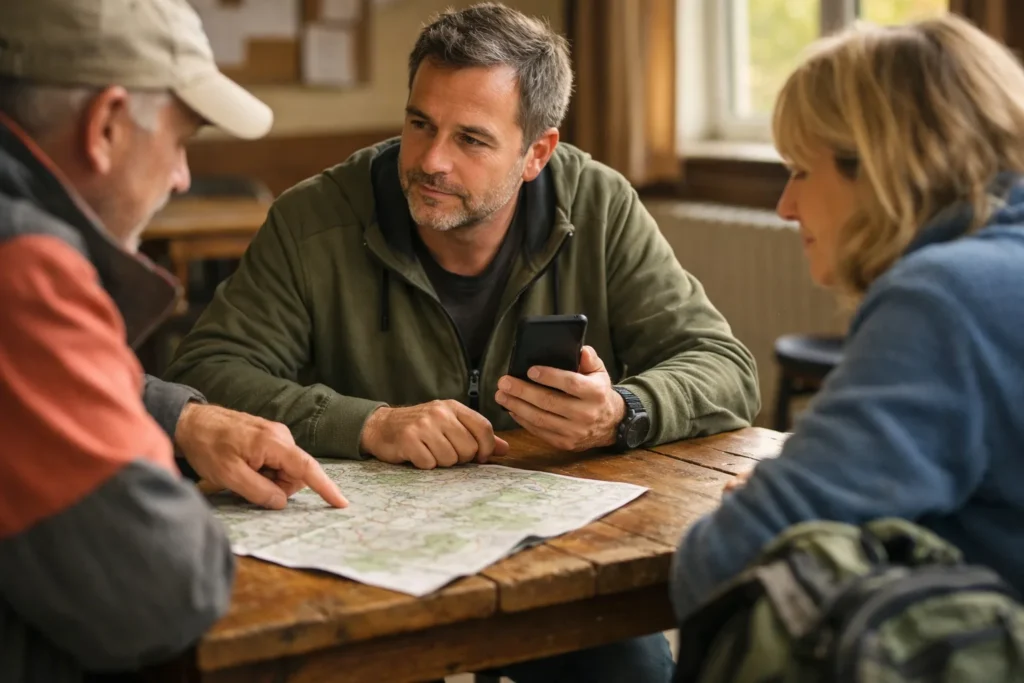 Beheerder van een lokale wandelgroep bespreekt een route met twee deelnemers in een buurthuis.
