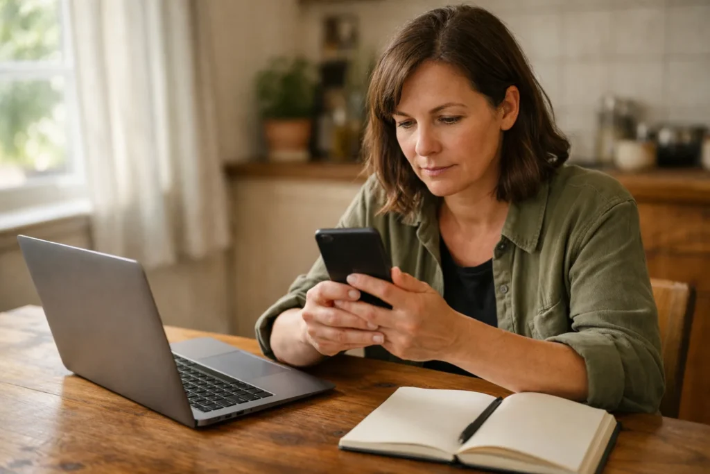 Iemand controleert thuis een telefoon met een laptop en notitieboek erbij.