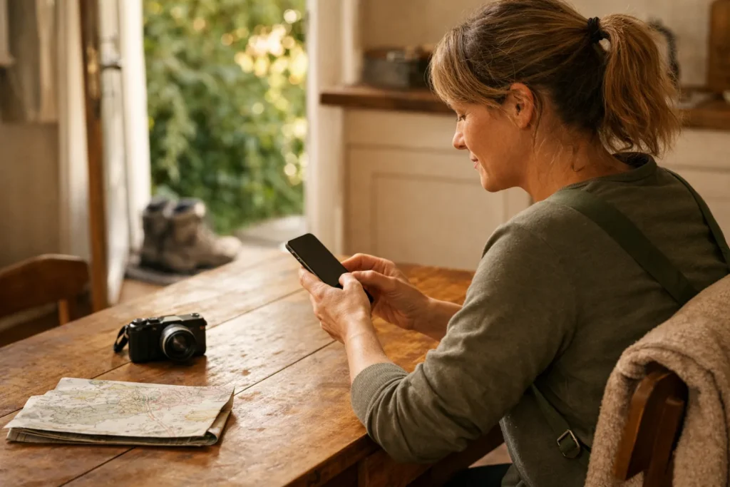 Iemand typt op een telefoon aan de keukentafel na een wandeling.