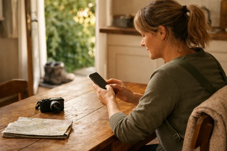 Iemand typt op een telefoon aan de keukentafel na een wandeling.