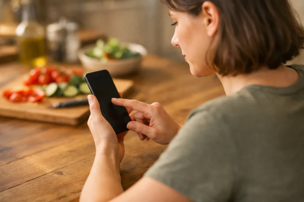 Iemand bekijkt een smartphone aan de keukentafel en raakt het scherm aan.