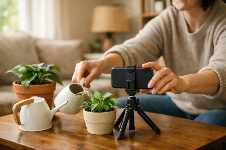 Persoon die tijdens een live uitleg over kamerplanten naar een telefoon op een statief reikt.