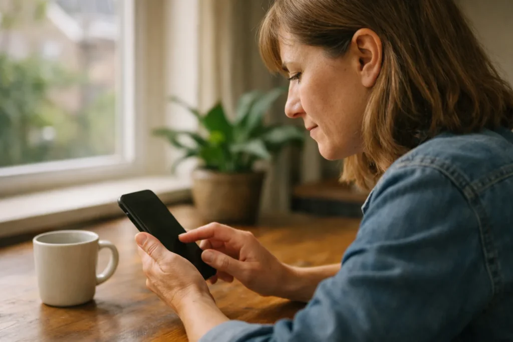 Persoon aan de keukentafel die op een telefoon de privacy van een sociaal profiel controleert.