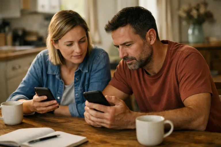 Twee mensen bekijken thuis hun telefoons om samen de zichtbaarheid van een profiel te controleren.