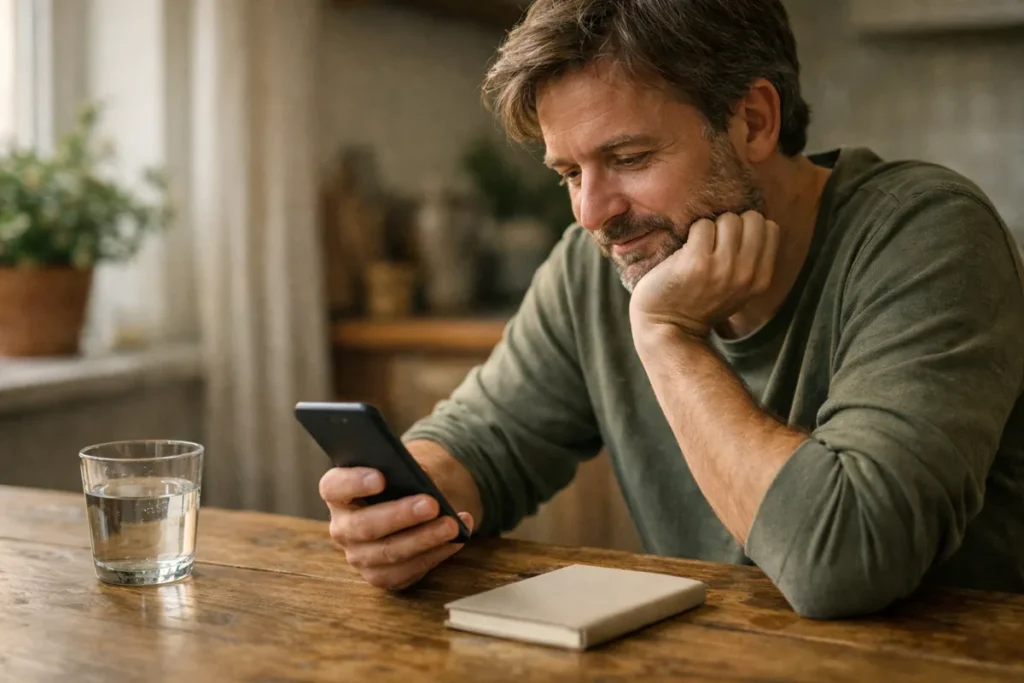 Persoon bekijkt een smartphone aan de keukentafel in zacht daglicht.