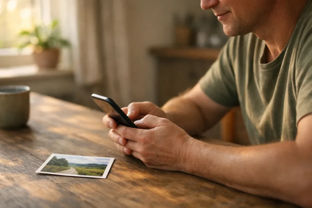 Persoon bekijkt een telefoon aan een houten tafel bij het raam.