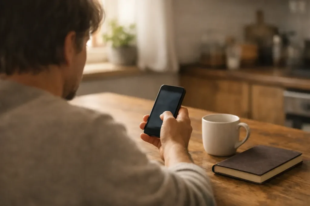 Persoon aan een houten keukentafel die op een smartphone kijkt