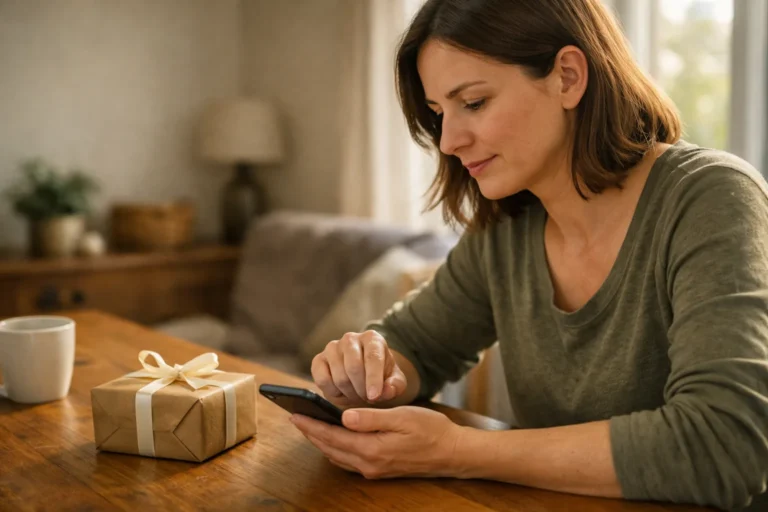 Iemand controleert op een telefoon wie een foto van een ingepakt cadeau mag zien.