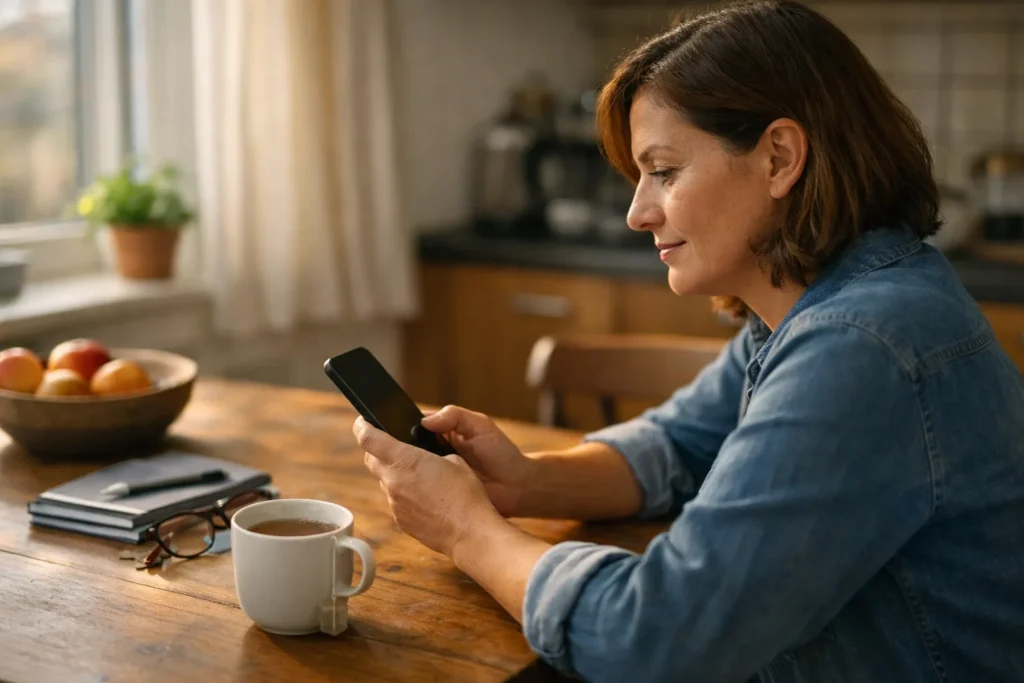 Persoon bekijkt een smartphone aan de keukentafel om Facebook berichten op te ruimen.