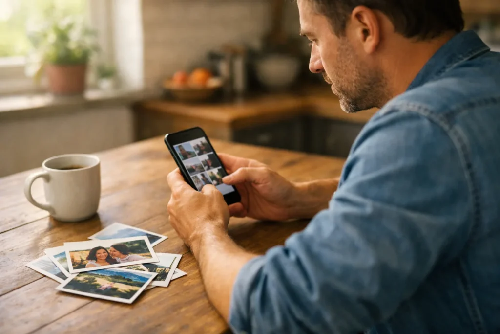 Persoon bekijkt een smartphone aan de keukentafel met vakantiefoto's ernaast