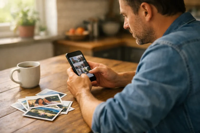 Persoon bekijkt een smartphone aan de keukentafel met vakantiefoto's ernaast