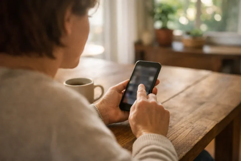 Iemand bekijkt thuis op een smartphone welke video's zijn gedeeld.