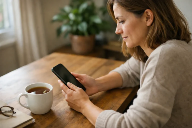Iemand bekijkt thuis een smartphone voordat die een persoonlijk verhaal deelt.