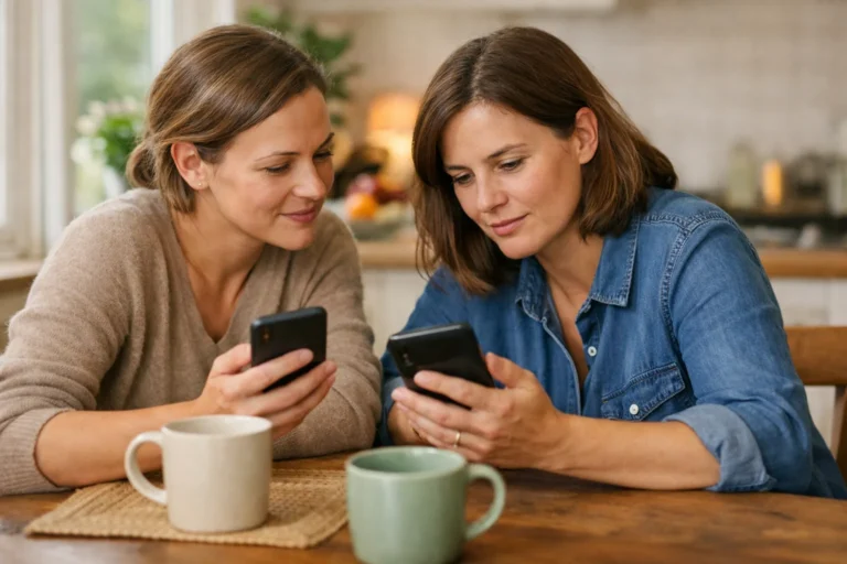 Twee mensen controleren aan de keukentafel op hun eigen telefoon wie een gedeelde video kan zien.