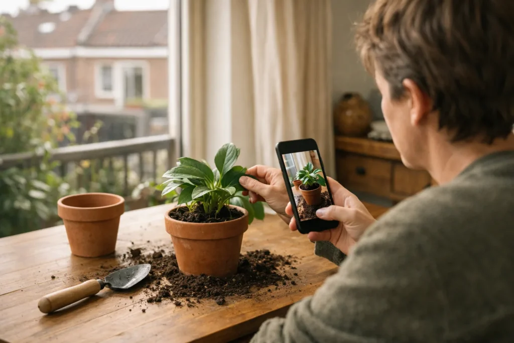 Persoon filmt een balkonplant met een telefoon voor een bericht op Instagram.