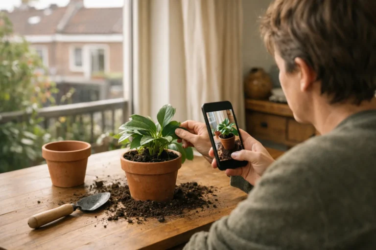 Persoon filmt een balkonplant met een telefoon voor een bericht op Instagram.