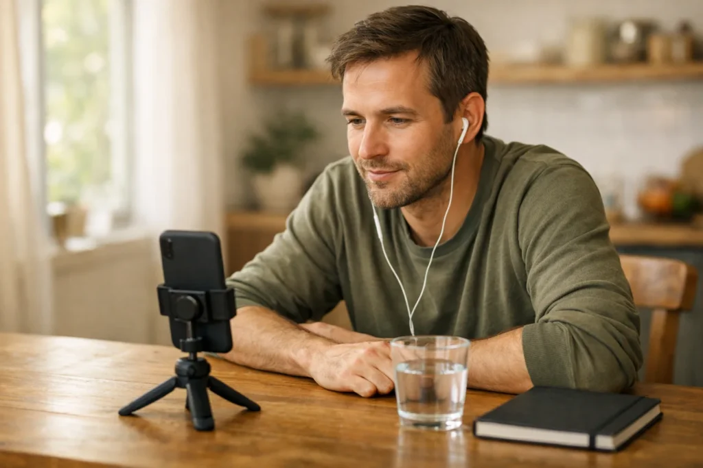 Persoon met oortjes aan een keukentafel, klaar om via een telefoon mee te praten in een live gesprek.