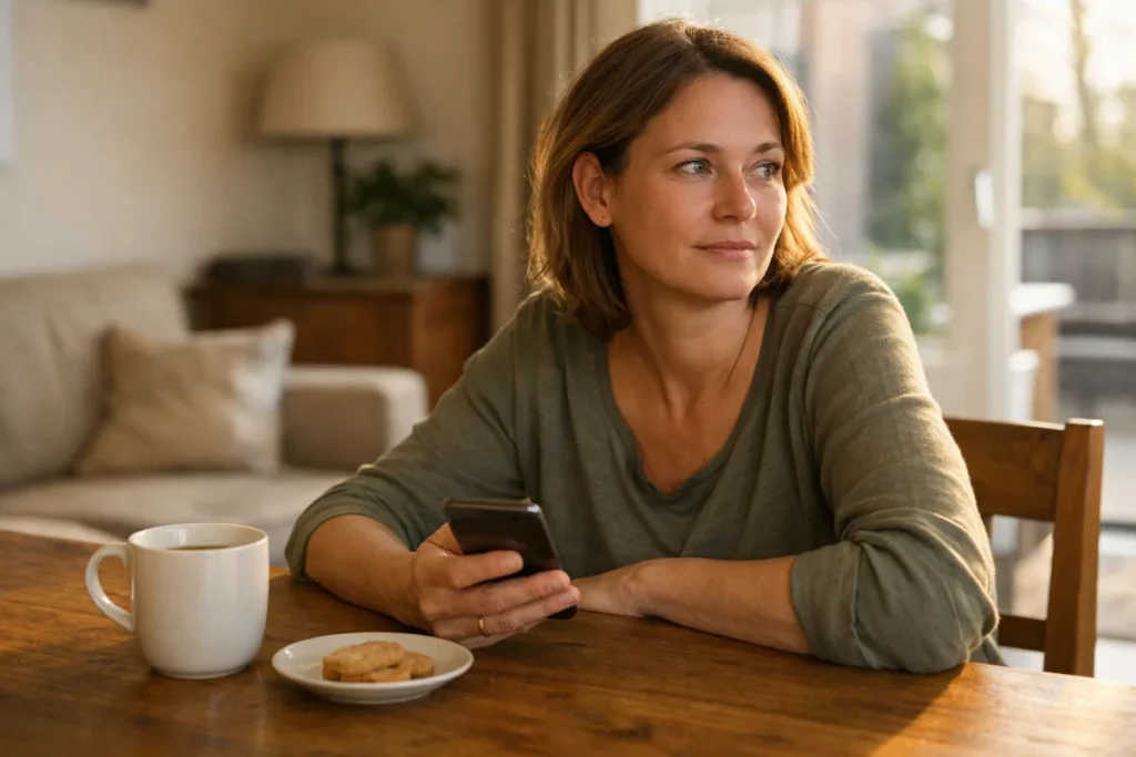 Persoon aan een houten tafel die even opkijkt van een telefoon, met een mok thee ernaast.