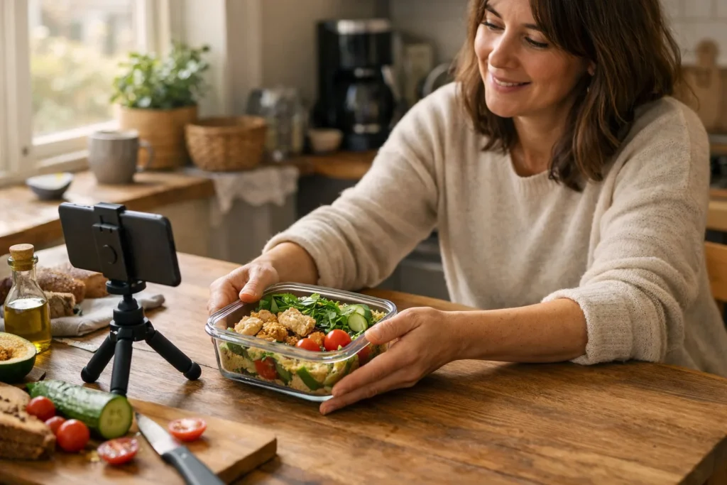 Iemand filmt aan de keukentafel het klaarmaken van een lunch voor een Instagram video.