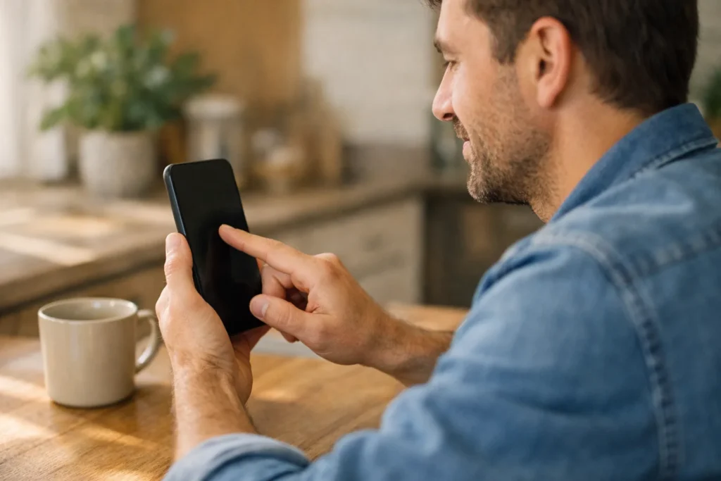 Persoon aan de keukentafel die op een telefoon tikt om een TikTok LIVE te liken.