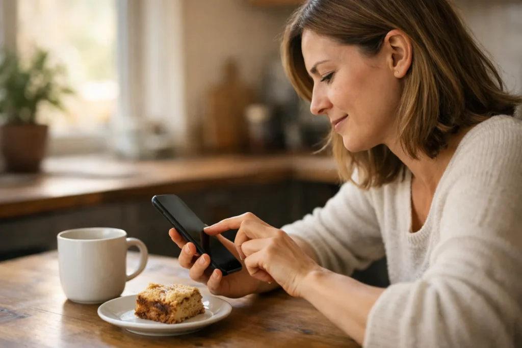 Persoon aan de keukentafel die op een smartphone tikt om een verhaal te liken.