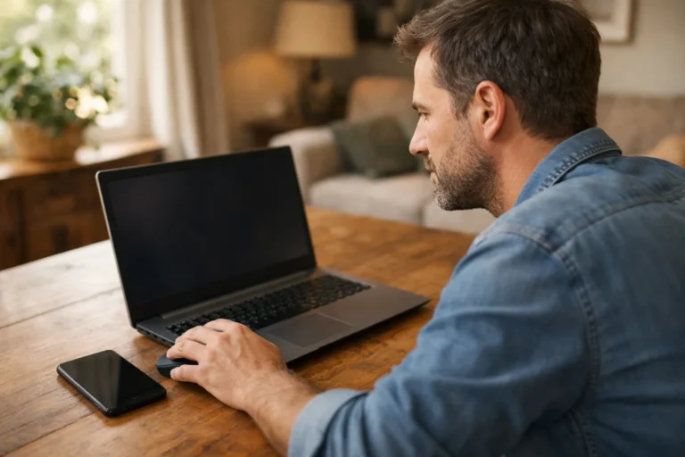 Een persoon kijkt thuis naar een laptop met een hand op de muis en een telefoon ernaast.