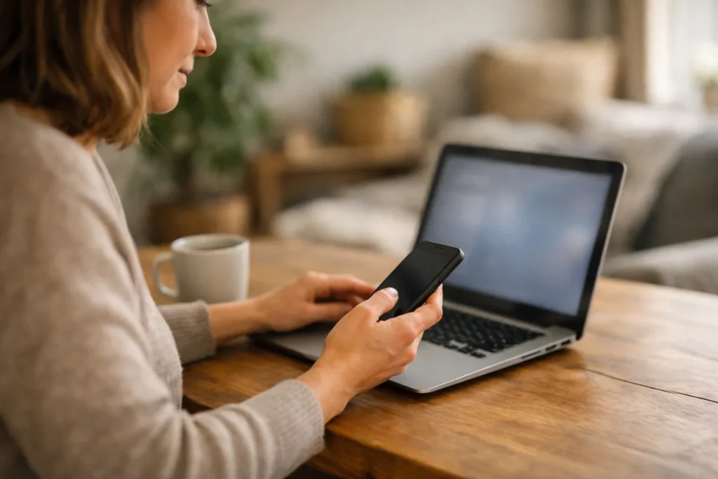 Persoon bekijkt een telefoon en laptop aan de eettafel om sociale accounts te verbinden.